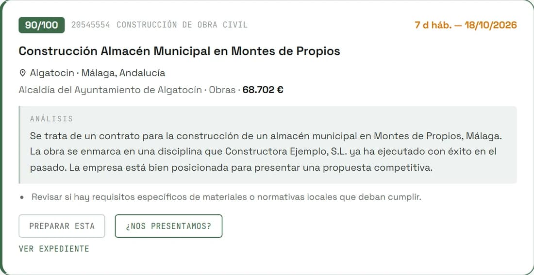 Captura real del Radar de LicitacionESP: una licitación con su puntuación de encaje, el plazo y el análisis.